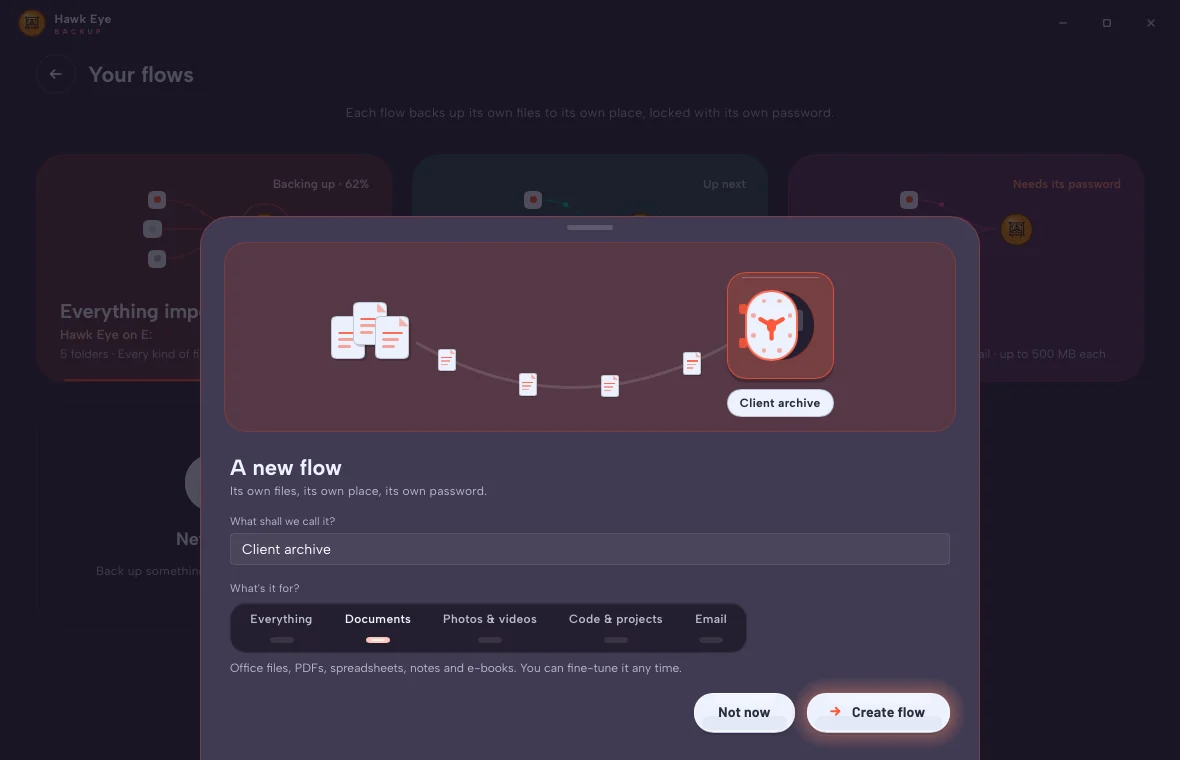 The new flow sheet rising from the bottom: files flow along a path into an open vault tagged Client archive, with a name field and the What's it for light strip.