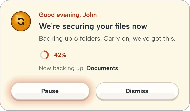 Good evening, John. We're securing your files now, 42 percent, now backing up Documents.