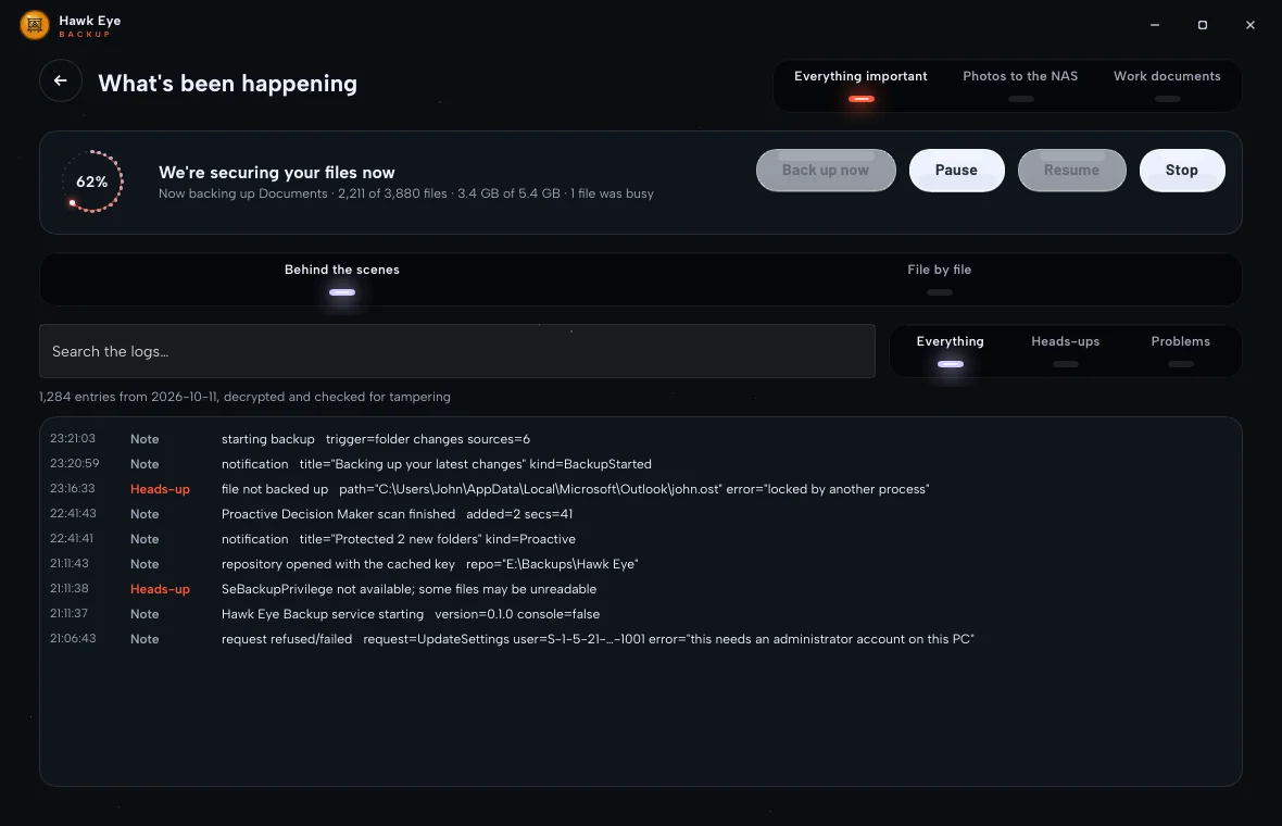 What's been happening: a backup at 62 percent, and the log, decrypted and checked for tampering.